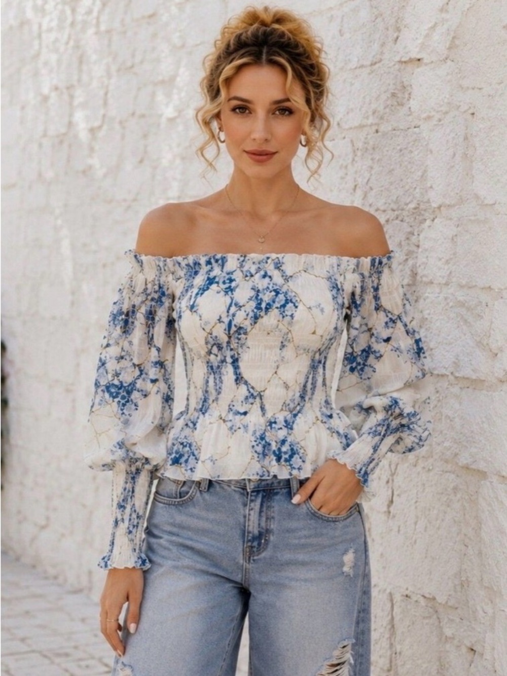 AllSaints White Off-Shoulder Smocked Blouse with Blue Floral Print
